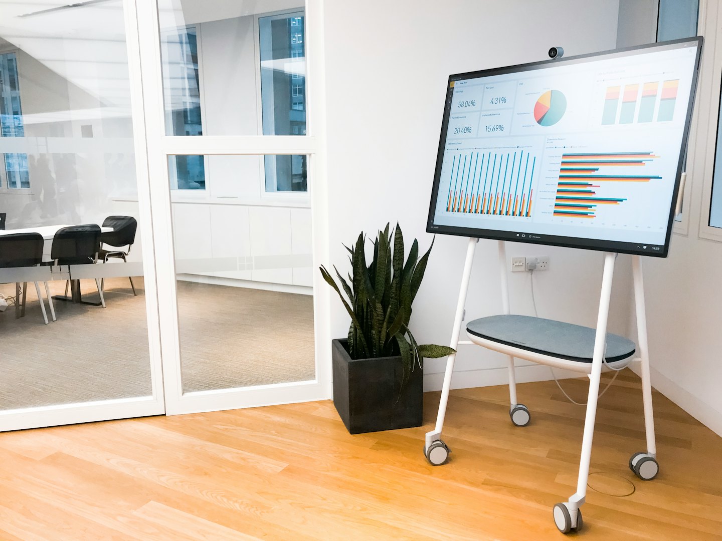 Schermo interattivo di dati aziendali su un supporto mobile in un ufficio.