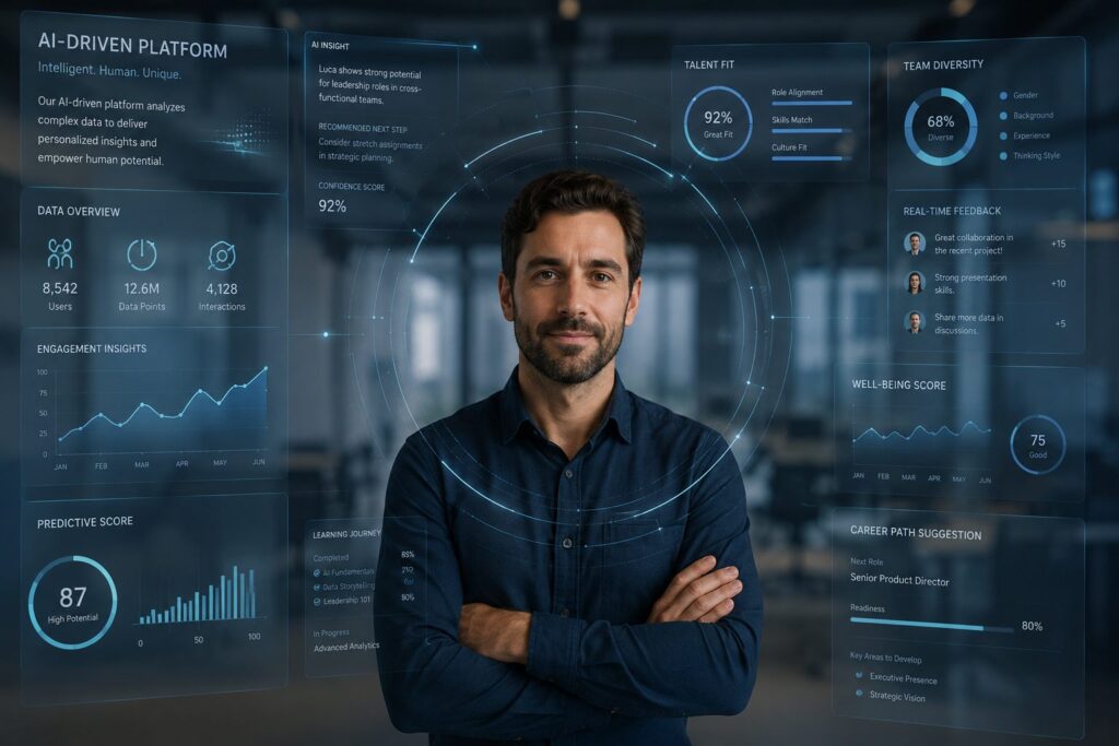 Un professionista circondato da pannelli di insight generati dall'AI