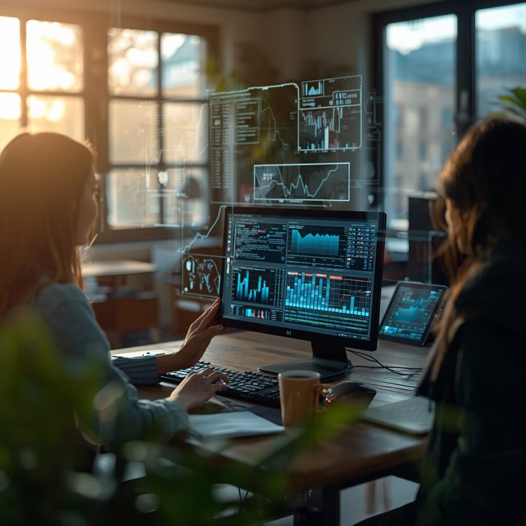 Due colleghe analizzano insieme dashboard di analytics in un ufficio
