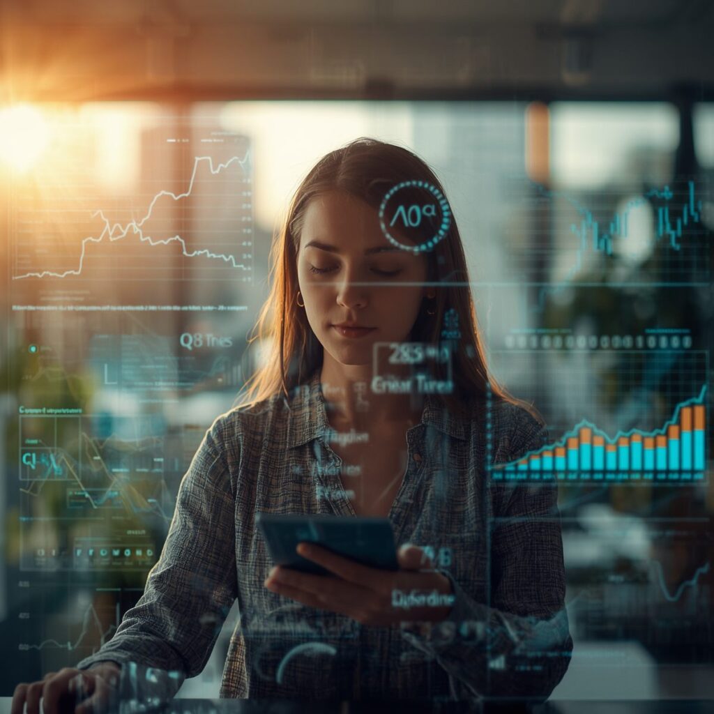 Una donna consulta grafici e indicatori finanziari su un dispositivo portatile