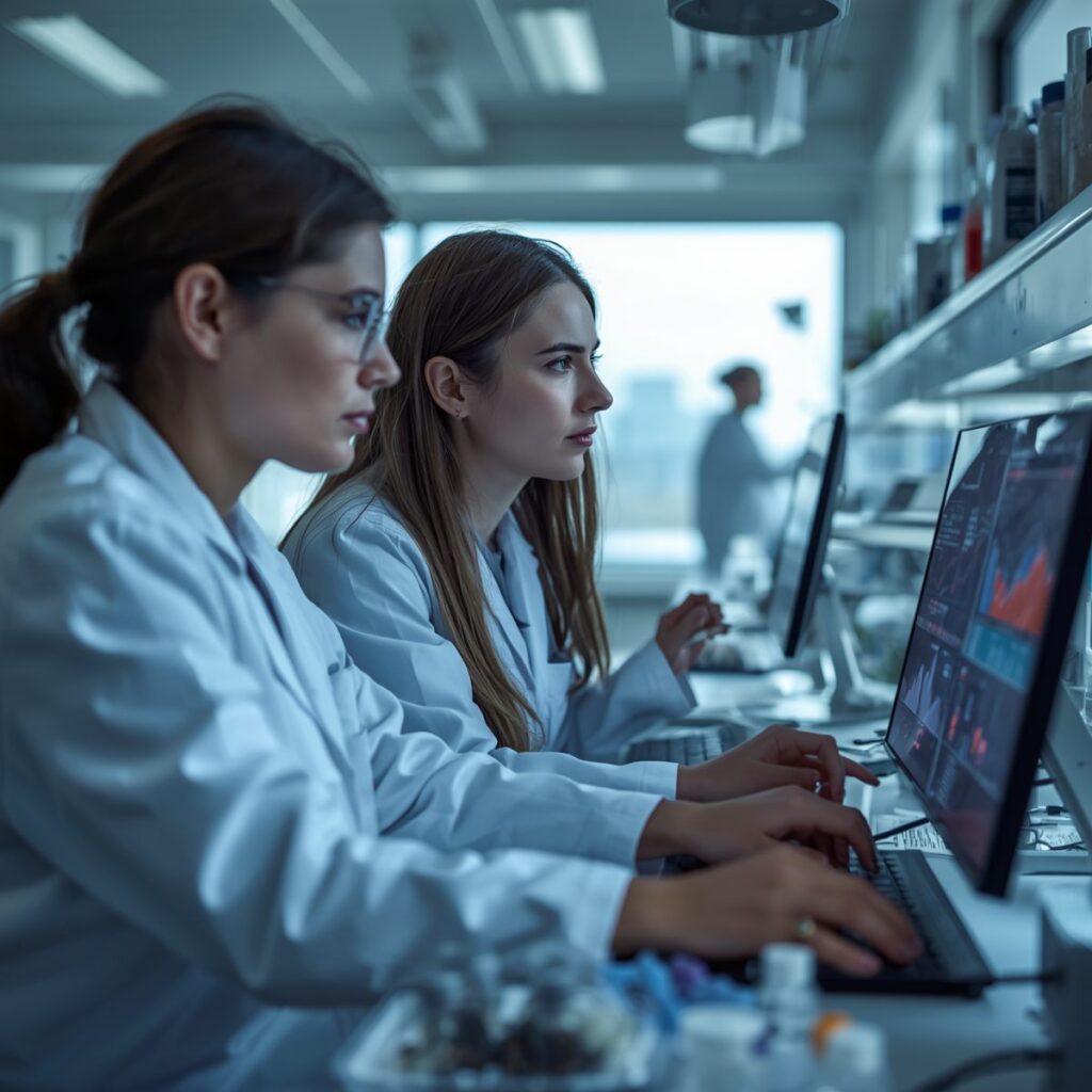 Due ricercatrici in camice analizzano dati clinici in un laboratorio farmaceutico moderno
