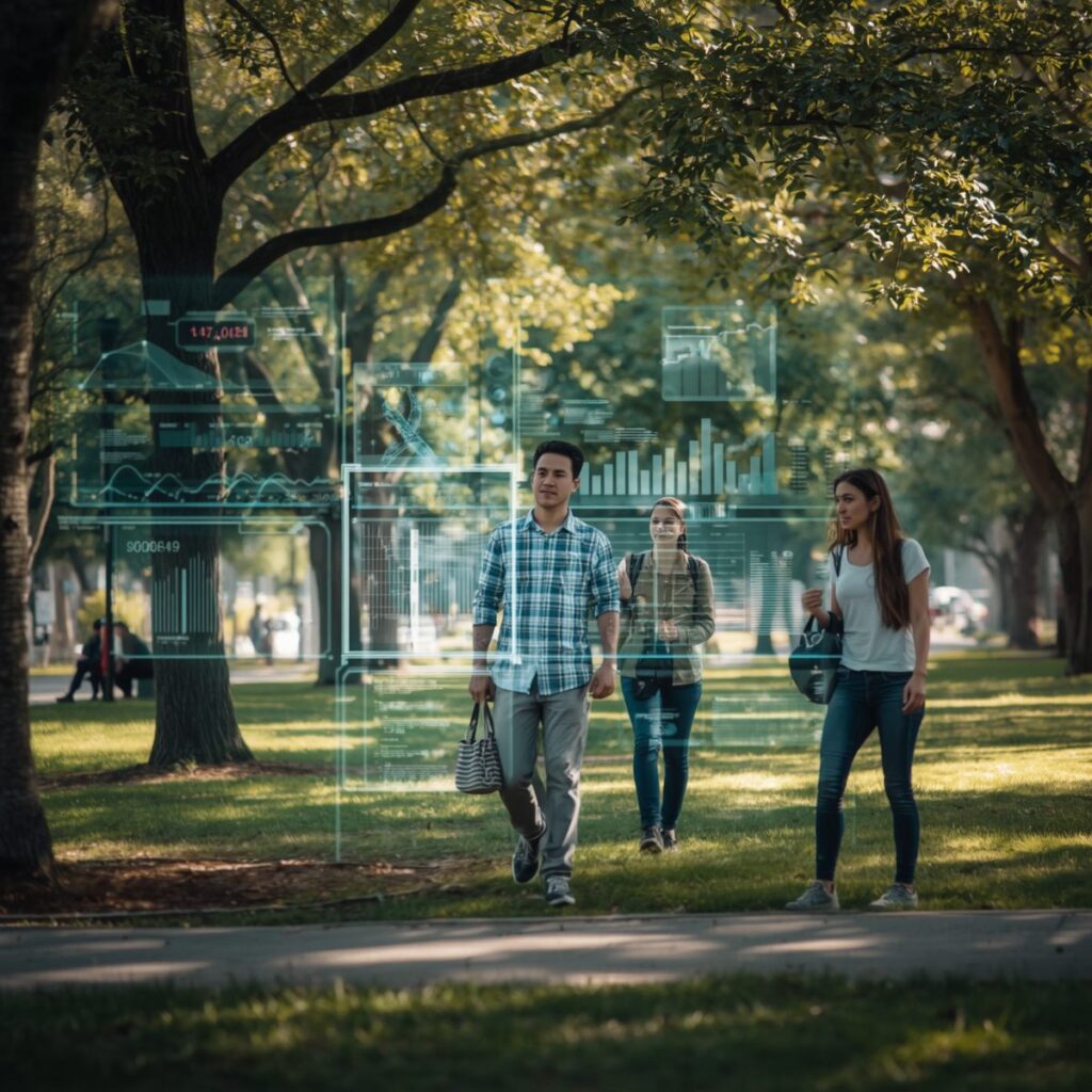 Famiglie e bambini in un parco urbano interagiscono con uno schermo di dati trasparente