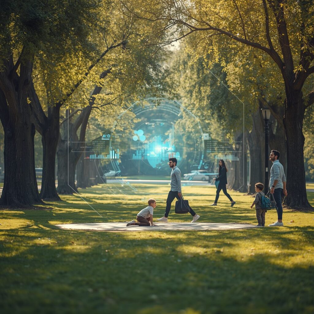 Persone riunite in un parco urbano attorno a una visualizzazione di dati traslucida