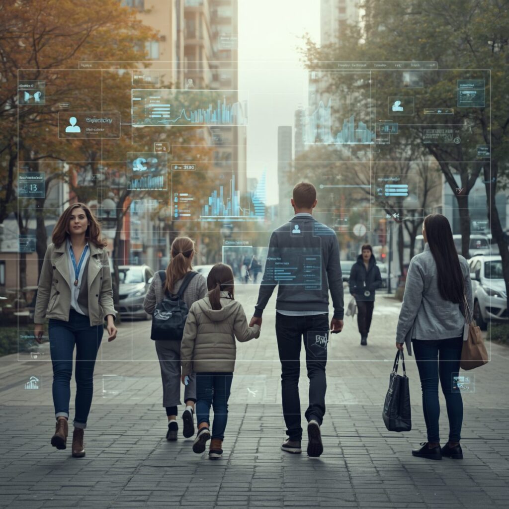 Persone in un contesto urbano moderno interagiscono con schermi di dati olografici